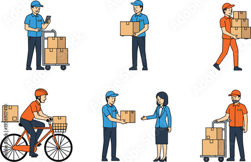 Delivery workers set with courier service activities, parcel shipping logistics staff carrying boxes bicycle delivery package handover modern flat vector illustration collection