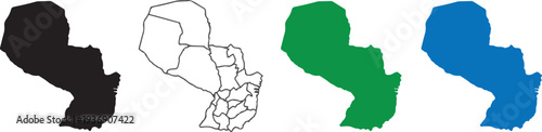 Paraguay Map Silhouette Set: Detailed Vector Outlines, Regional Administrative Divisions, and Multi-Color Geographic Icons for South American Cartography and Infographics