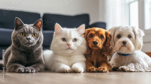 Wallpaper Mural Four pets including a cat and three dogs lying together on a wooden floor in a cozy living room Torontodigital.ca