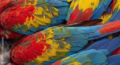 Close up of vibrant macaw parrot feathers in a colorful display.