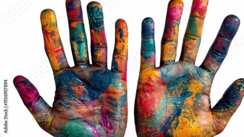 Colorful painted hands create a vibrant artistic display showcasing creativity and expression through color and texture capturing the essence of art in action and the joy of painting.