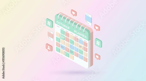 Isometric Social Media Planner Calendar Illustration with Icons of Likes and Hashtags, Representing Content Scheduling and Online Engagement Strategy