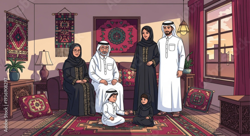 Family portrait of a traditional Middle Eastern family in their home.