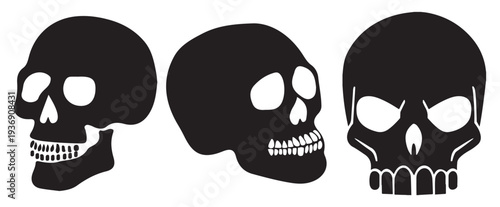 Three stylized skulls with glowing eyes vector illustration flat design