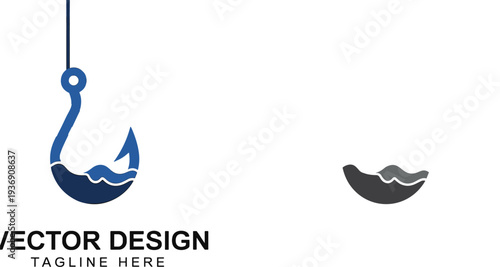 Fishing hook with ocean wave logo design, marine seafood emblem vector, nautical fishing brand identity symbol isolated on white background