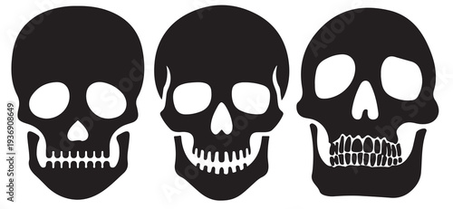 Three stylized skulls grinning flat design vector illustration isolated on black background