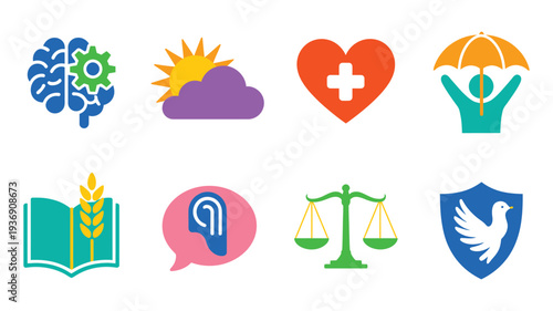 Set of diverse icons illustrating life concepts such as health, safety, knowledge, human rights, and wellbeing, ideal for awareness campaigns