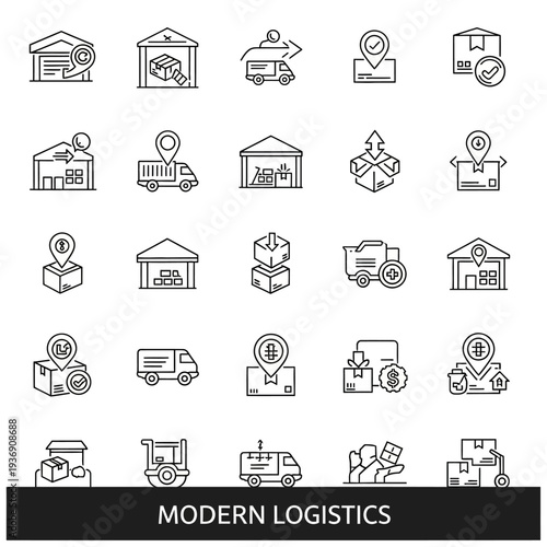 Modern Logistics Icons: Delivery, Shipping, Warehouse, and Transportation Services