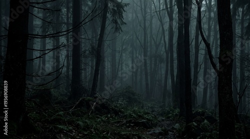 eerie dark forest, mist and shadows in dense woods,mystery category, atmospheric spooky woodland backgrund