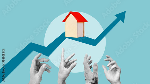 Housing affordability crisis concept, rising home prices and real estate market growth leaving people unable to buy property, hands reaching toward house symbol on upward trend chart
