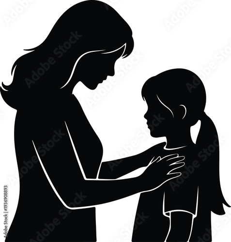 Vector mother comforts young child silhouette gentle interaction family care silhouette design