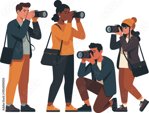 Professional photographers group set featuring diverse male and female characters holding cameras and taking photos in various poses, isolated on white background vector.