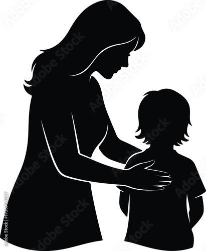 Vector mother gently comforting child showing love care and support silhouette design
