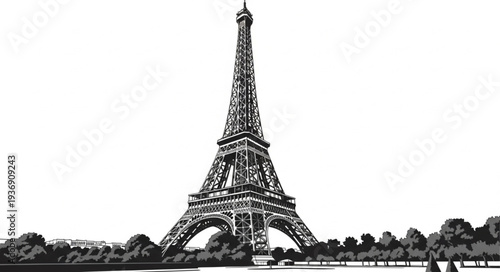 Eiffel Tower in Paris - A Detailed Black and White Illustration.