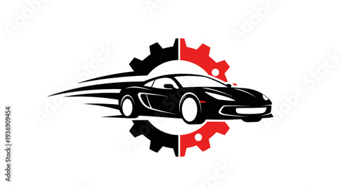Dynamic sports car racing with gear icon, automotive repair service logo, isolated white background