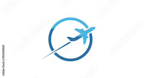 Blue Airplane Icon with Arrow in Circle Symbol for Travel and Transport on isolated white background