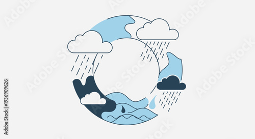 The continuous water cycle illustrated with rain, clouds, and water bodies
