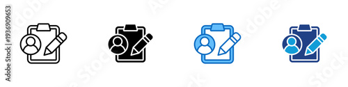 Ticket Registration Multiple Style Icon Design Vector - Clipboard with user profile and pencil representing ticket registration, attendee information, and booking administration