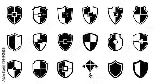 Set of Black and White Shield Security Icons on Isolated White Background