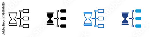 Process Timeline Multiple Style Icon Design Vector - Hourglass connected to branching nodes representing project timeline, workflow stages, and process sequencing