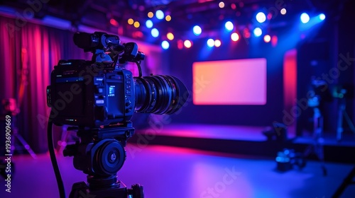 Wallpaper Mural A vibrant studio scene featuring a camera set against colorful stage lighting and a blank screen Torontodigital.ca