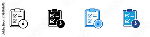 Agenda Checklist Multiple Style Icon Design Vector - Clipboard with checklist and clock representing agenda planning, task scheduling, and time management
