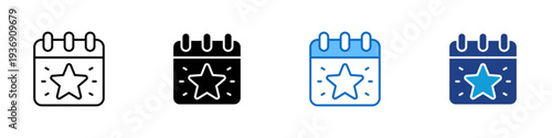 Event Calendar Multiple Style Icon Design Vector - Calendar with star mark representing scheduled event planning, important date reminder, and special occasion management