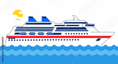 Blue and Red Cruise Ship Sailing on Ocean Waves, with bright sky background