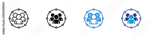 Team Coordination Multiple Style Icon Design Vector - Group of people inside connected circle representing team coordination, collaborative network, and organizational communication