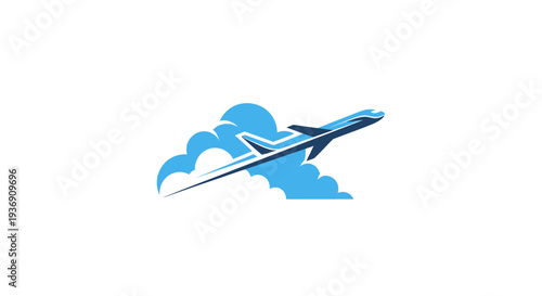 Blue Airplane Flying Through Clouds Logo for Travel and Aviation Industry