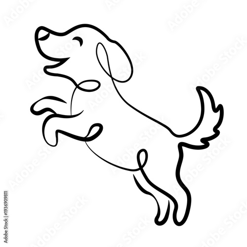 Linear image of a cheerful puppy. The dog jumps while standing on its hind legs. Stylized image of a happy doggy drawn with lines. The dog is a friend to humans