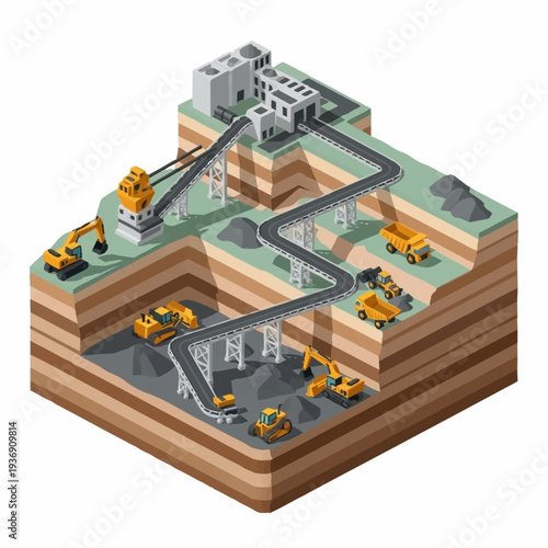 Isometric Mining Operation With Excavators And Trucks.