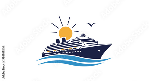 Happy Cruise Ship Sailing Under Sunny Sky with Seagulls, bright background