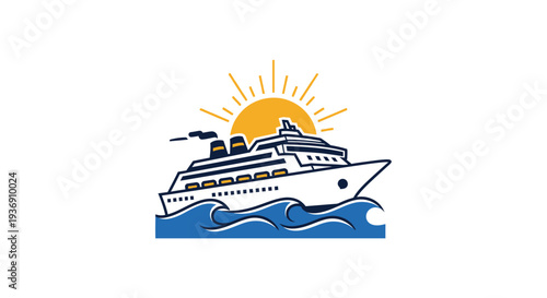 Cruise Ship Sailing on Blue Waves with Golden Sunrise in the Sky, Tropical Vacation Concept on isolated white background.