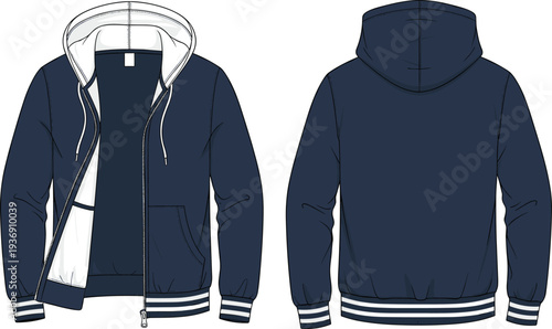 Navy blue zip up hoodie jacket with striped cuffs, casual men sportswear front and back view illustration
