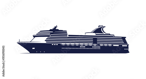 Elegant Dark Blue Luxury Cruise Ship Side Profile, Ocean Travel and Vacation Concept on isolated white background.