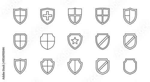 Collection of Outline Shield Icons with Cross, Plus, and Star Shapes, Protection and Security Symbol Set on isolated white background.
