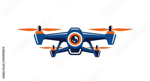 Modern Blue Drone with Orange Propellers, Aerial Photography and Technology Concept on isolated white background.