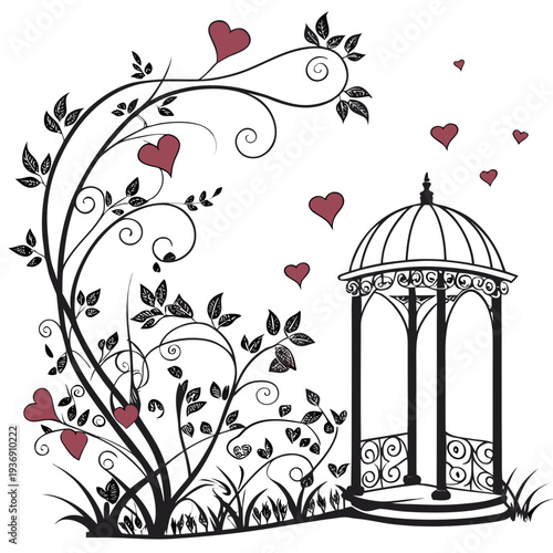 Romantic gazebo with heart decorations and floral vine