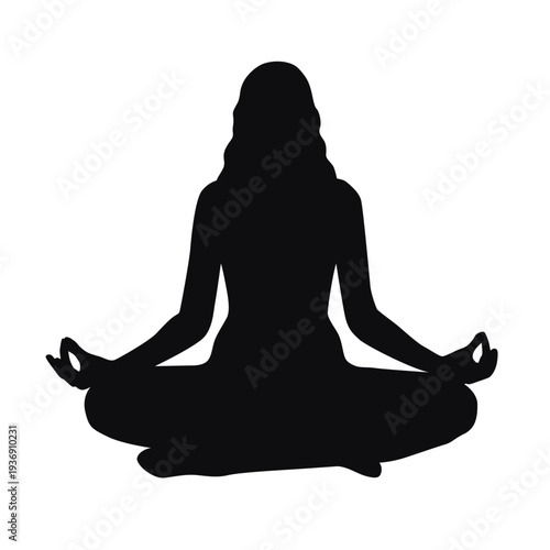 Vector black silhouette of a cross legged seated woman meditating in lotus pose