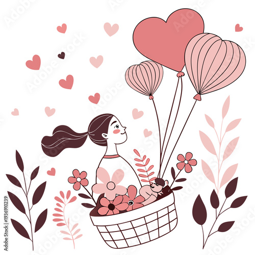 Woman in basket with heart balloons and flowers floating