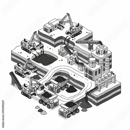 Isometric Mining Operation with Heavy Machinery and Processing Plant.