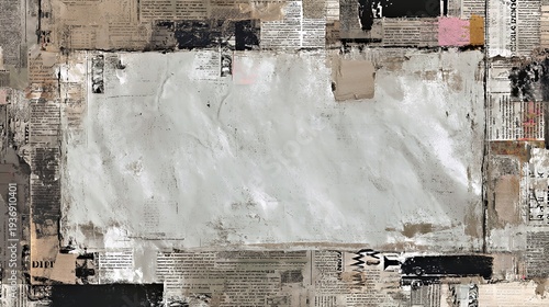 Vintage Newspaper Collage: Textured Abstract Art with Distressed Paper Borders