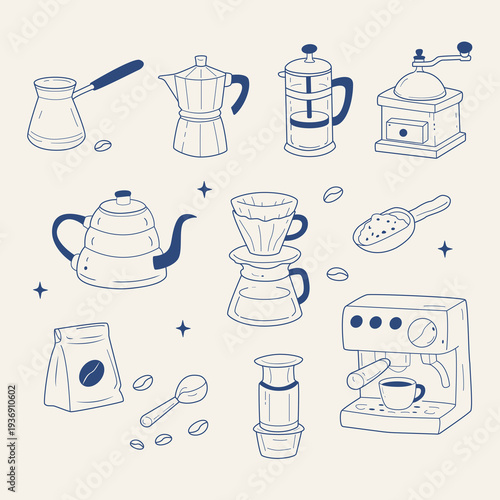 Coffee Brewing Equipment Doodle Set, Line Art Coffee Tools and Beans Vector Illustration