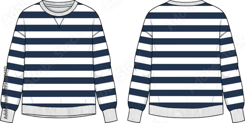 Striped navy blue and white crewneck sweatshirt mockup, front and back view, casual unisex long sleeve apparel design template