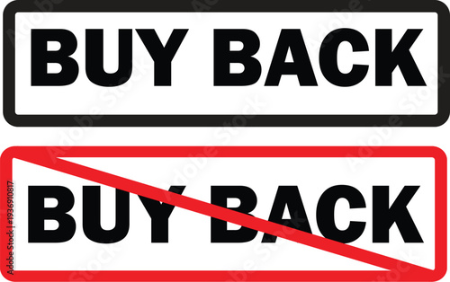 Two rectangular signs illustrating 'BUY BACK' and 'NO BUY BACK' concepts, one approved and one denied.
