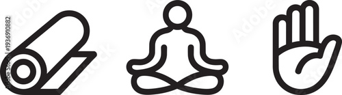 Yoga and meditation set including rolled mat zen pose person and hand mudra symbol line icons