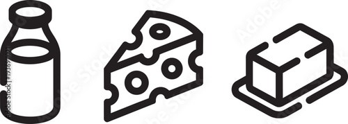 Dairy product icons showing milk bottle, cheese slice, and butter portion