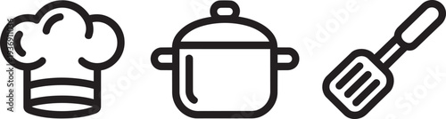 Chef hat cooking pot and spatula kitchen utensils vector icons cooking and culinary set