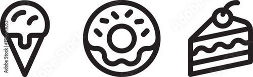 Dessert and sweet treats vector icons ice cream cone donut and cake slice outline
